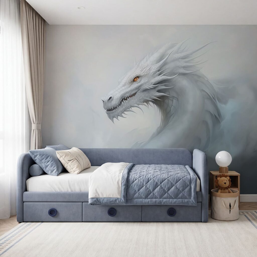 Dragão branco na névoa num interior