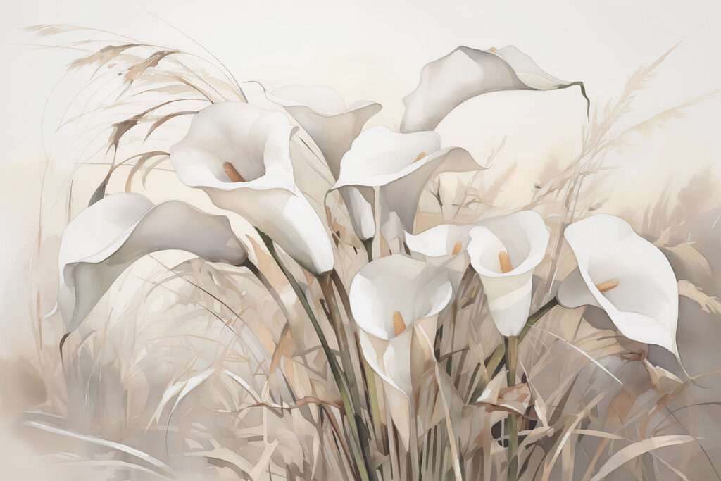 Flores brancas entre gramíneas — design completo