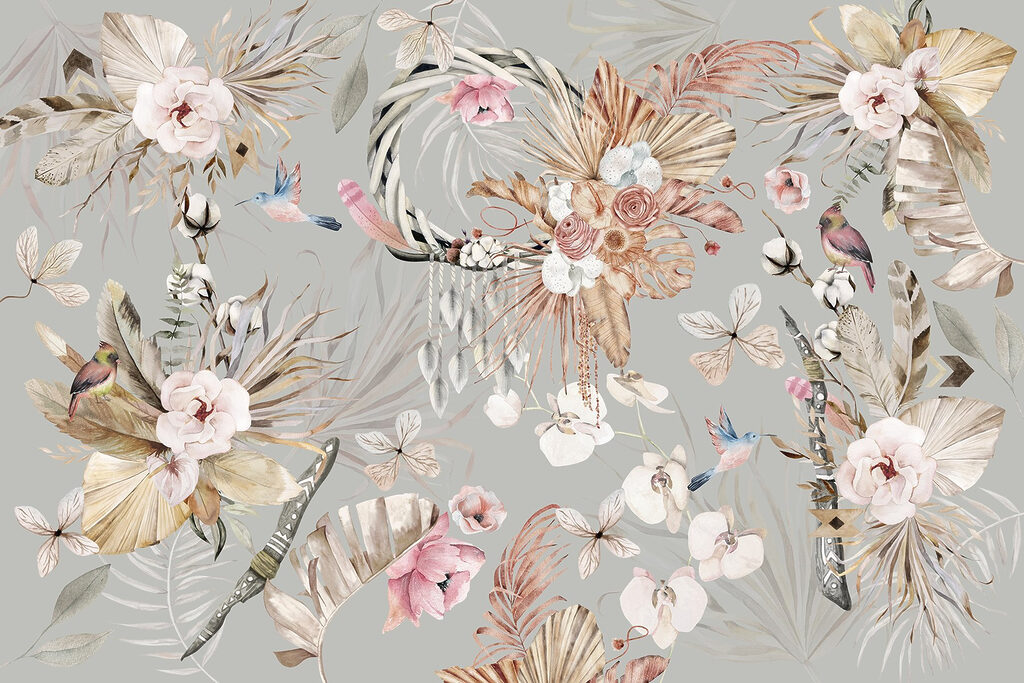 Flores tropicais e aves — design completo