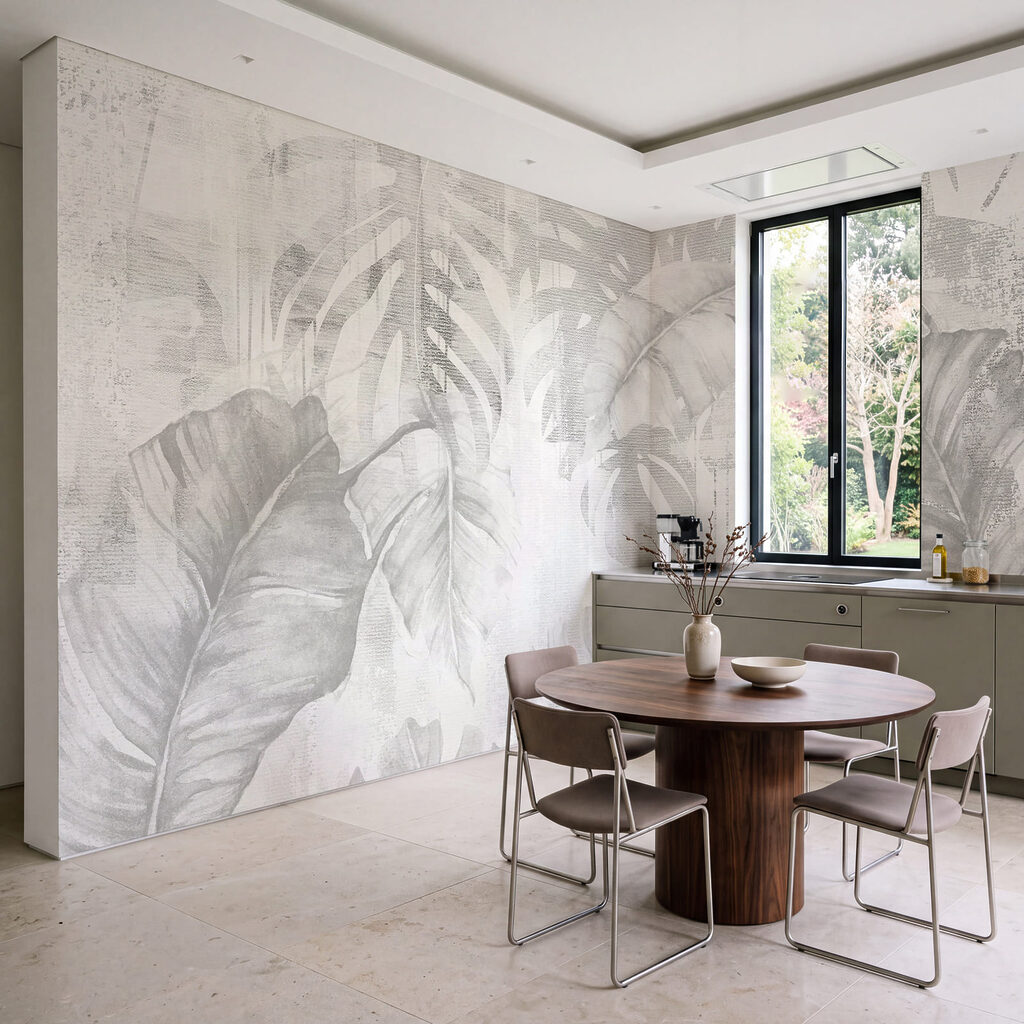 Folhas tropicais desgastadas num interior