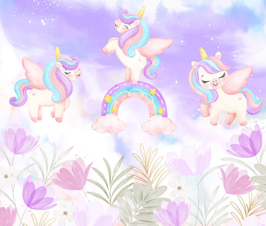 Unicórnios num jardim pastel — design completo