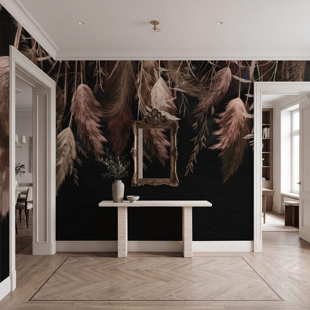Plumas suspensas em contraluz — interior 1