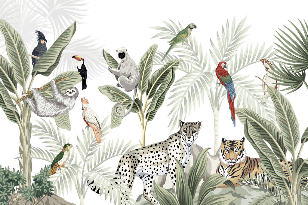 Aves entre folhas altas — design completo