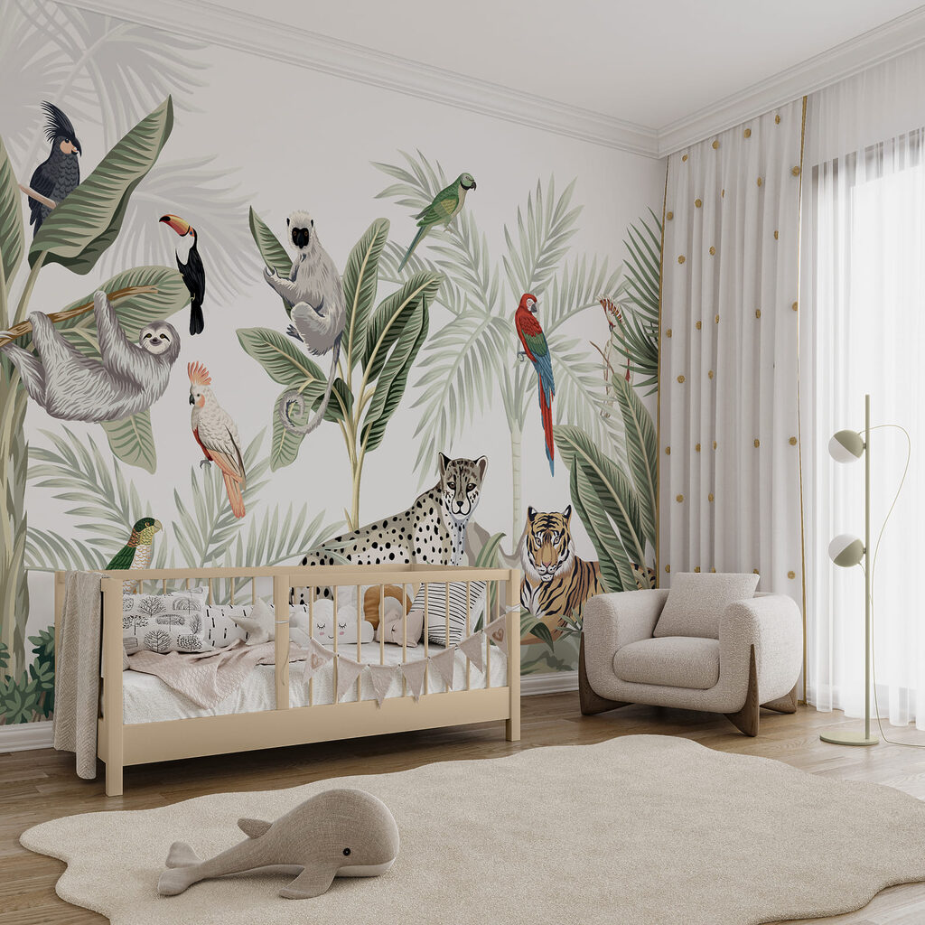 Aves entre folhas altas num interior
