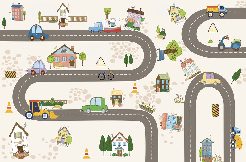 Veículos numa estrada sinuosa — design completo