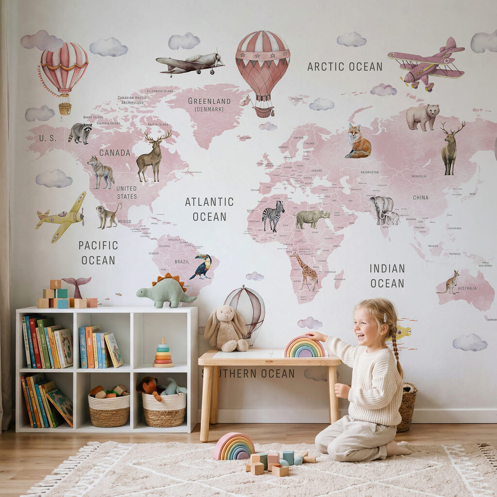 Mapa-mundo com balões num interior
