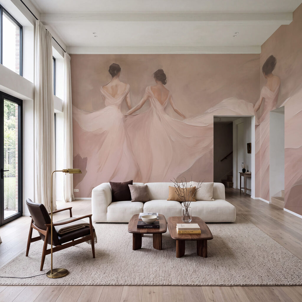 Três bailarinas em cor-de-rosa num interior