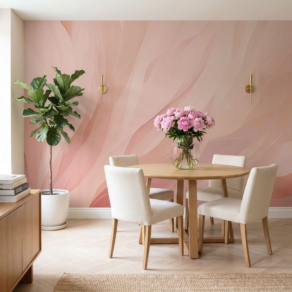 Traços cor-de-rosa como penas num interior