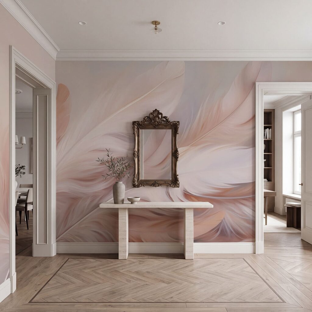 Penas em rosa suave num interior