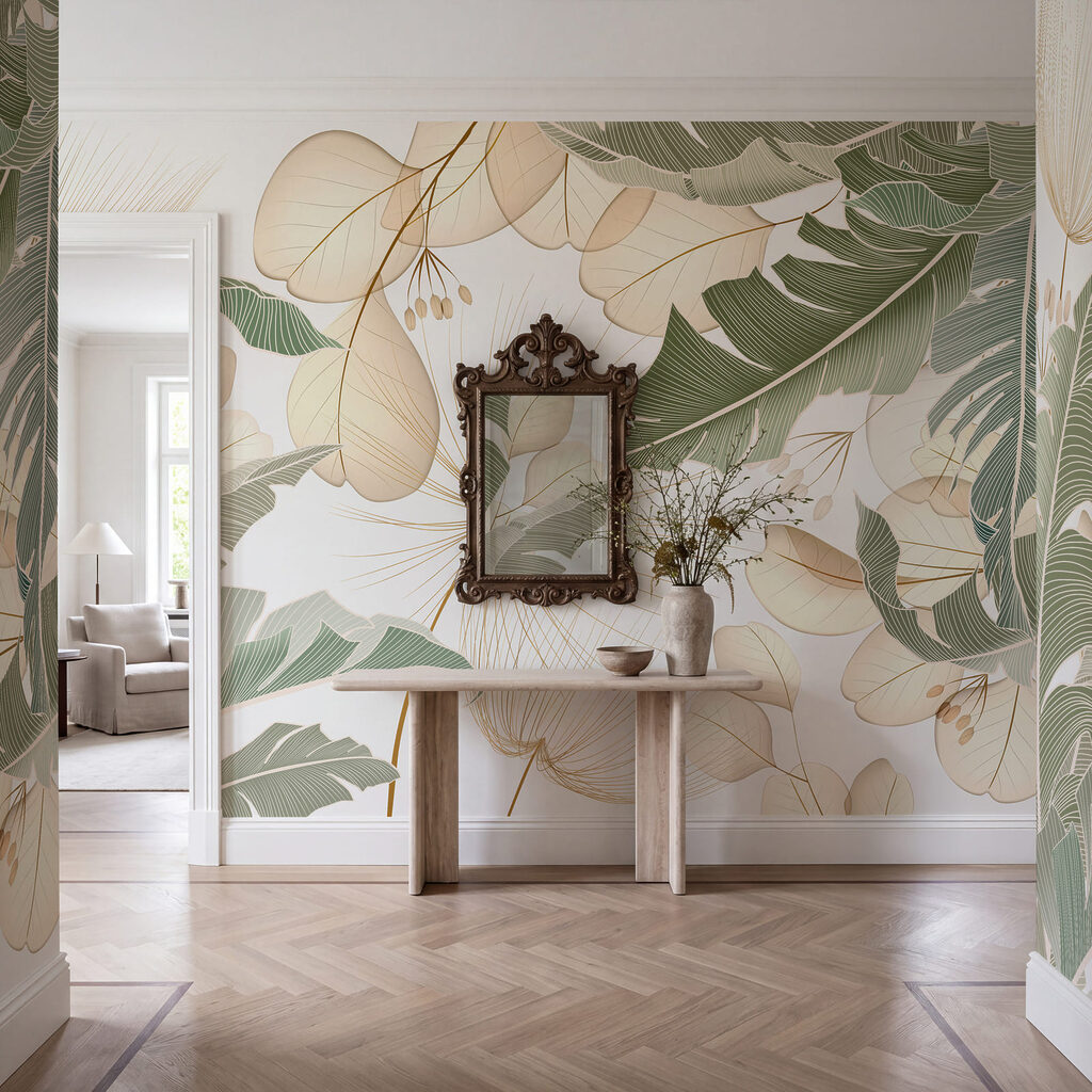 Folhas tropicais em contorno num interior