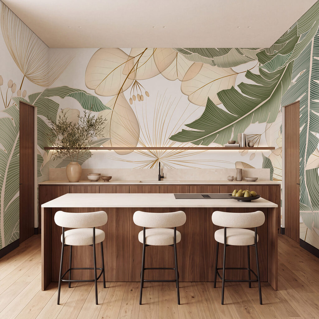 Folhas tropicais em contorno num interior