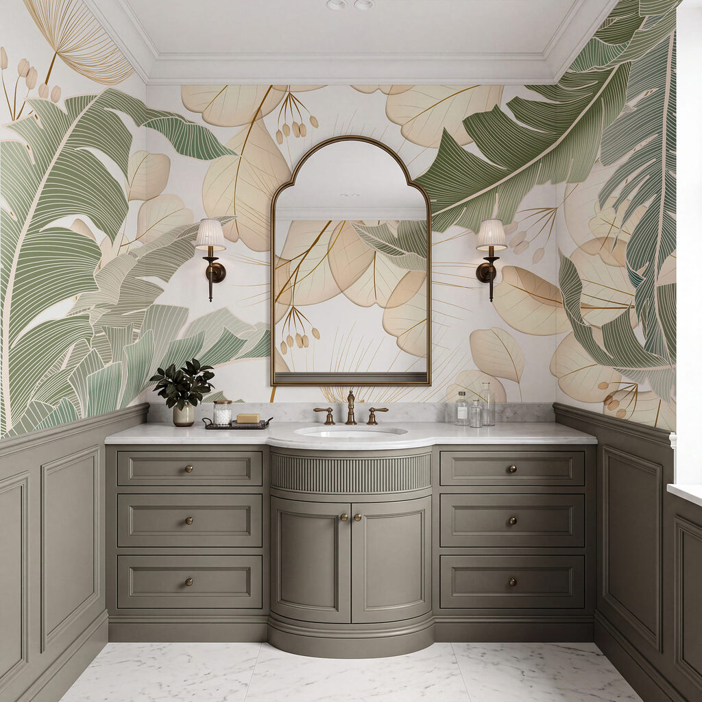 Folhas tropicais em contorno num interior