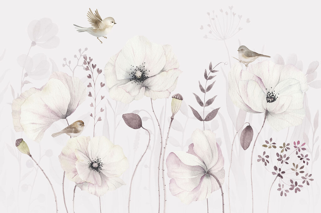 Pássaros entre flores pálidas — design completo