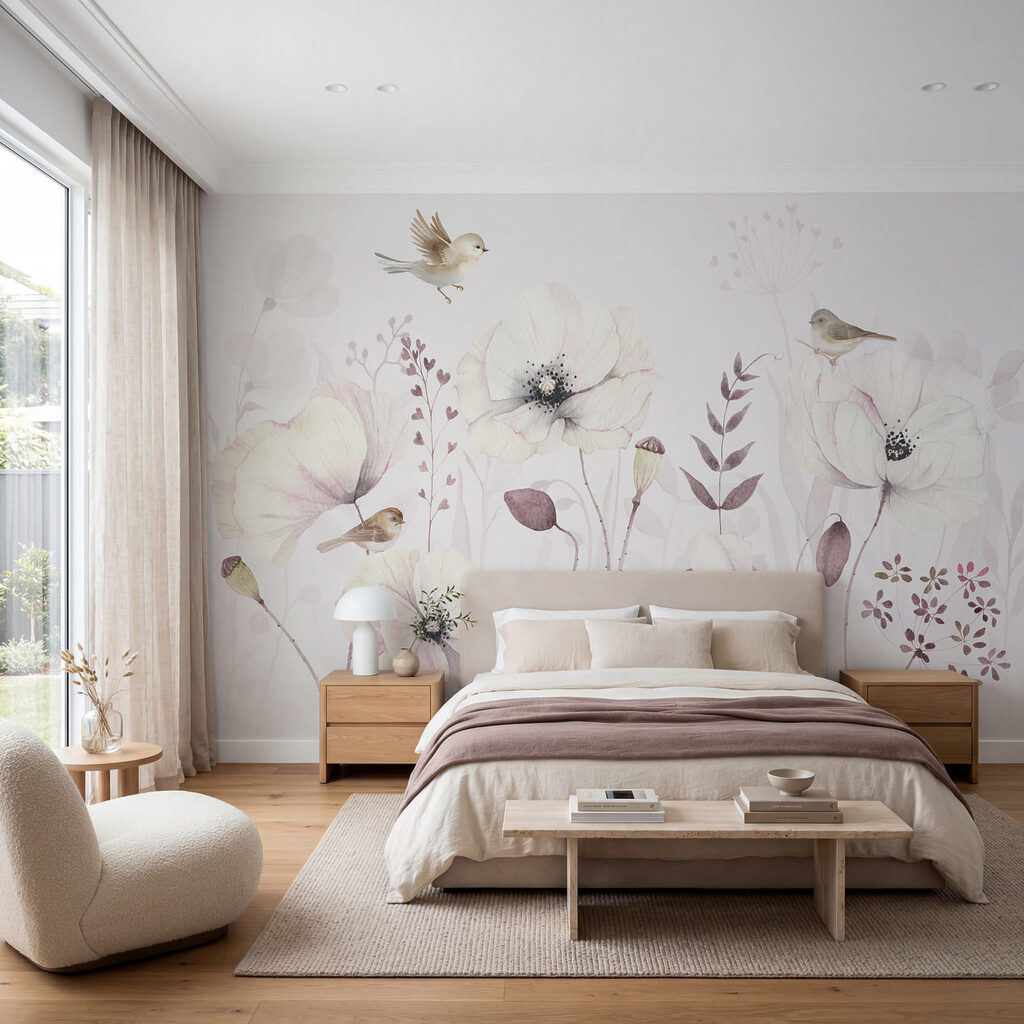 Pássaros entre flores pálidas — interior 2