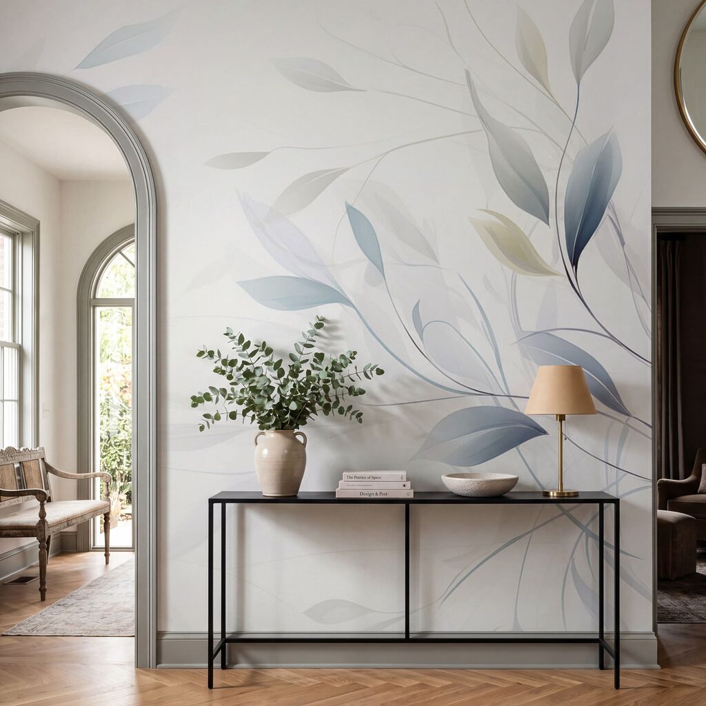 Linhas de folhas azuis num interior