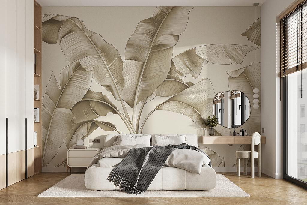Folhas grandes curvadas num interior