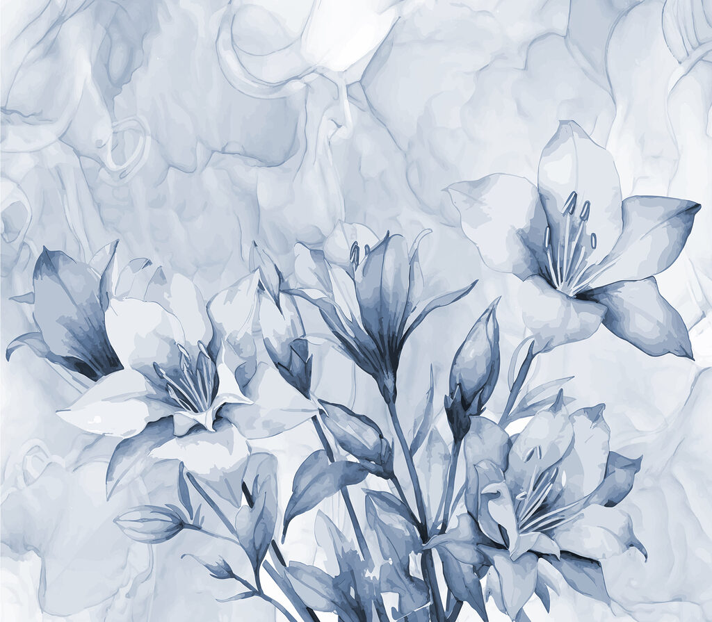Flores azuis, efeito mármore — design completo