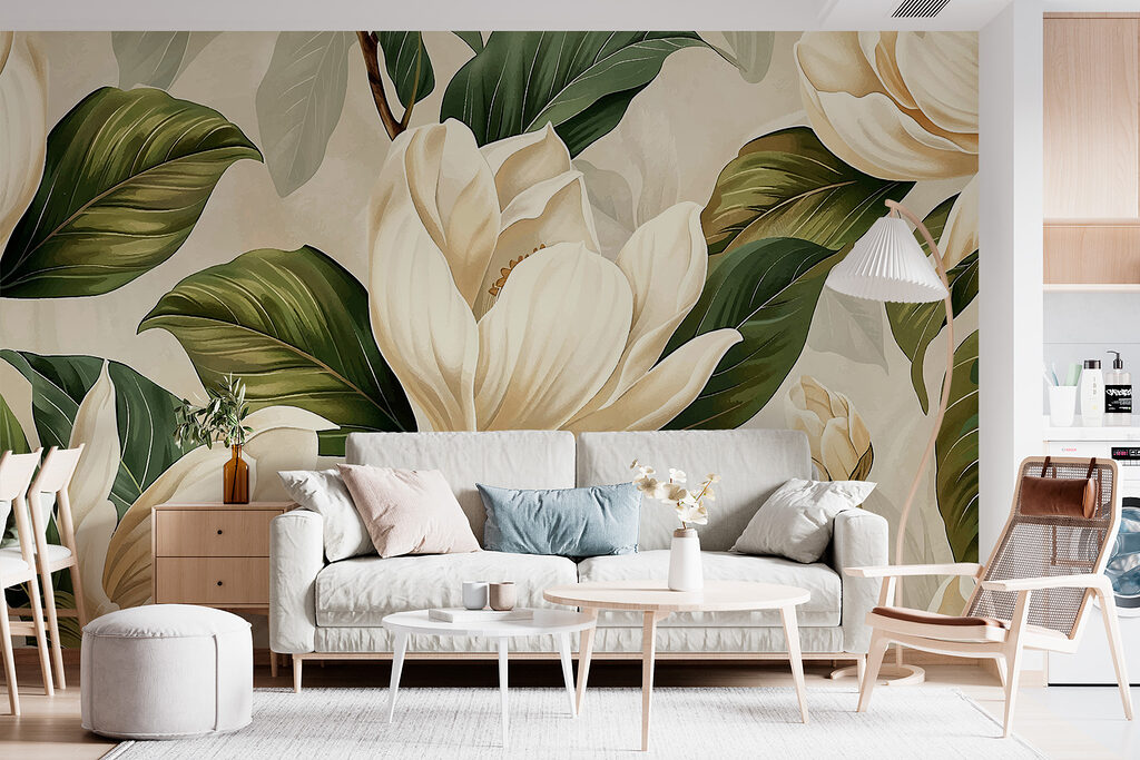 Flores creme no verde num interior