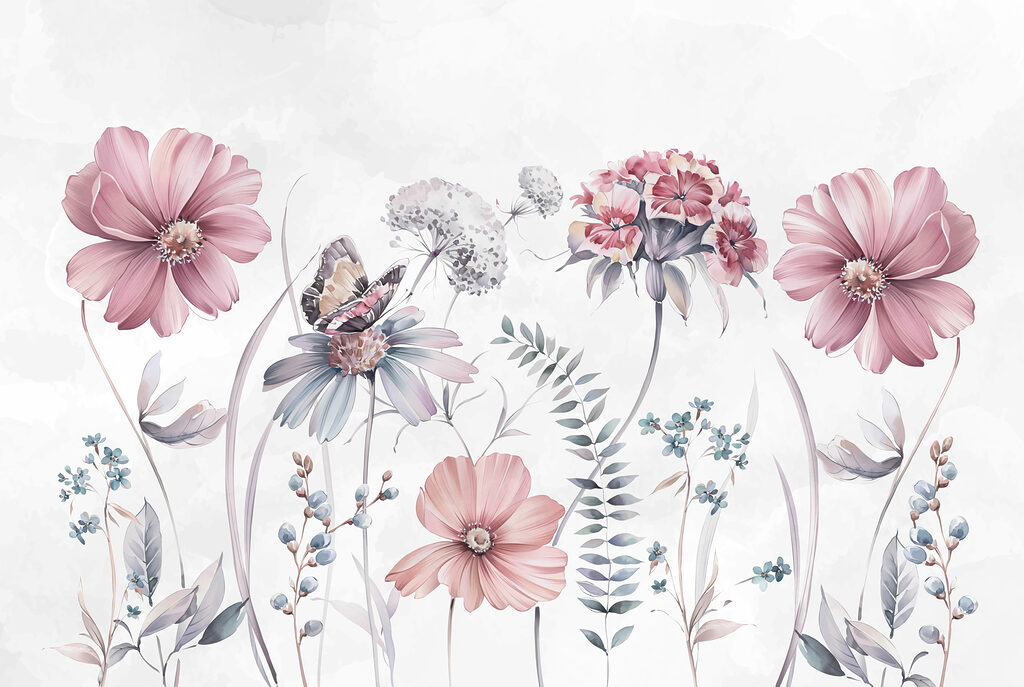 Flores silvestres com borboleta — design completo