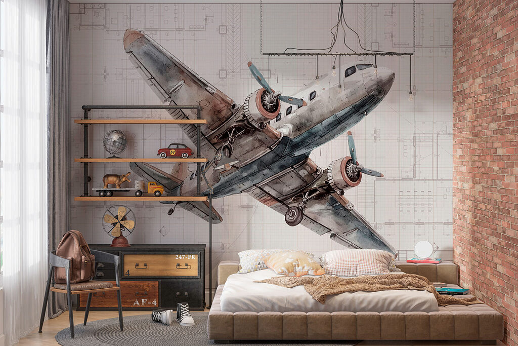 Avião antigo, desenho técnico num interior