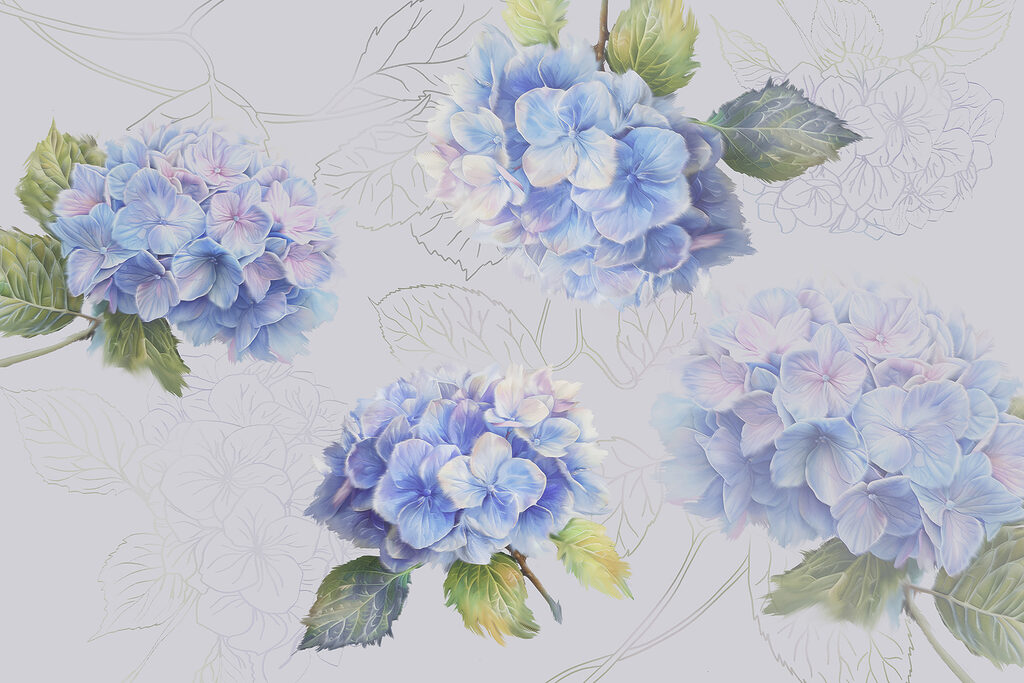Hortênsias com folhas desenhadas — design completo