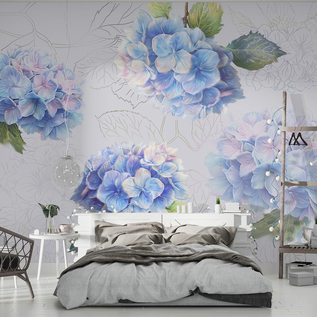 Hortênsias com folhas desenhadas — interior 1