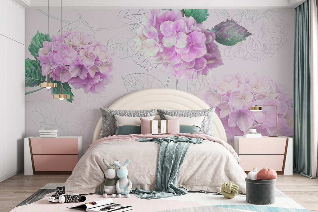 Hortênsias com folhas desenhadas — interior 1