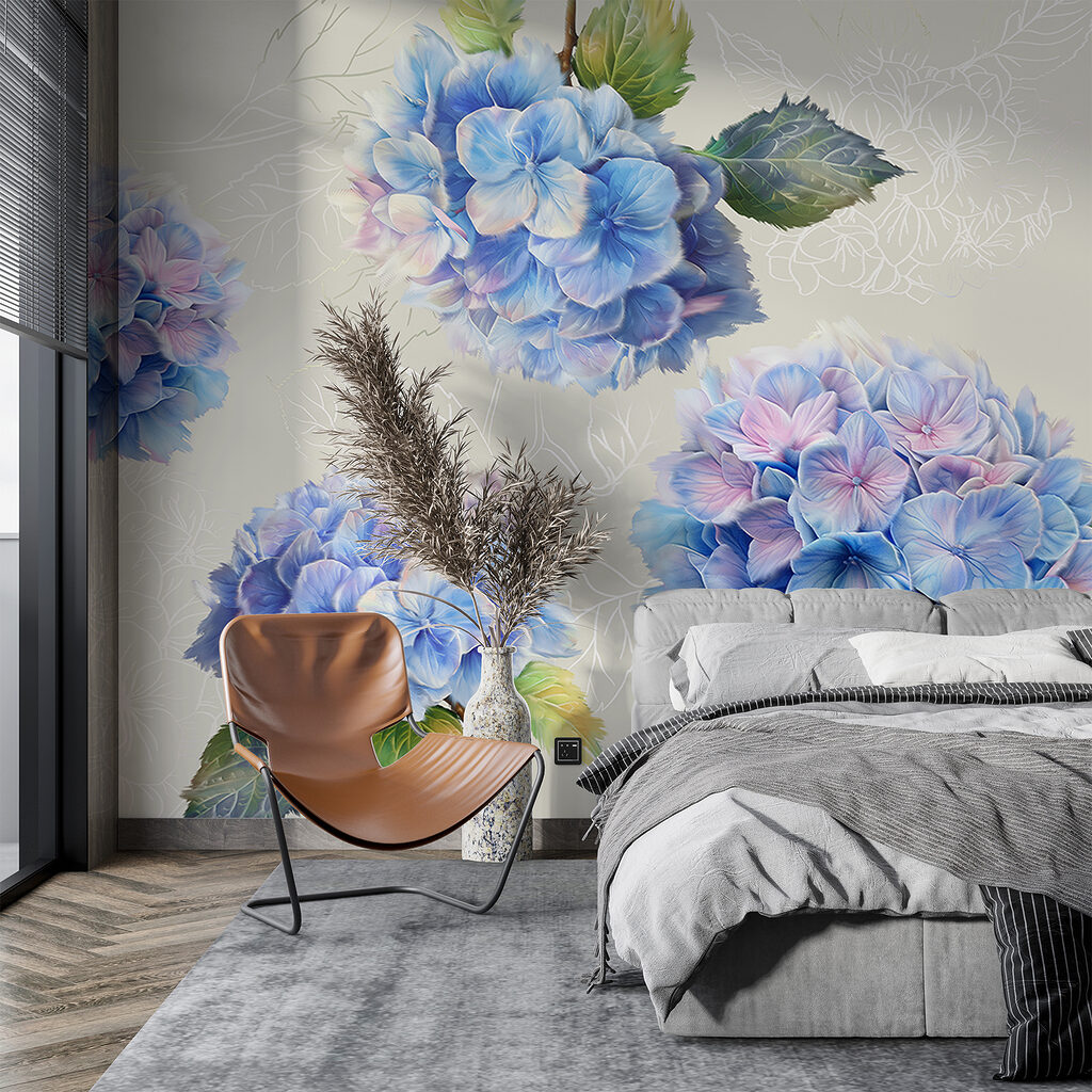 Hortênsias com folhas desenhadas — interior 1
