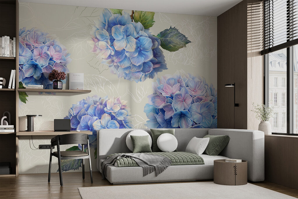 Hortênsias com folhas desenhadas — interior 2