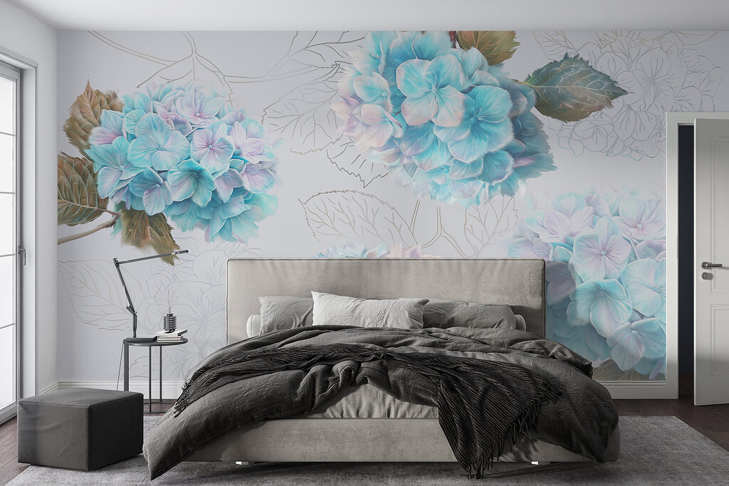 Hortênsias com folhas desenhadas — interior 1