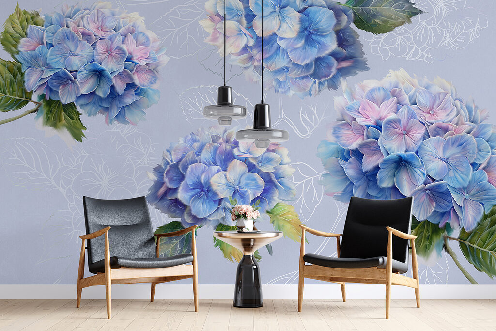 Hortênsias com folhas desenhadas — interior 1