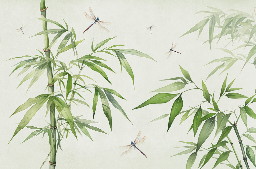 Libélulas entre bambu verde — design completo