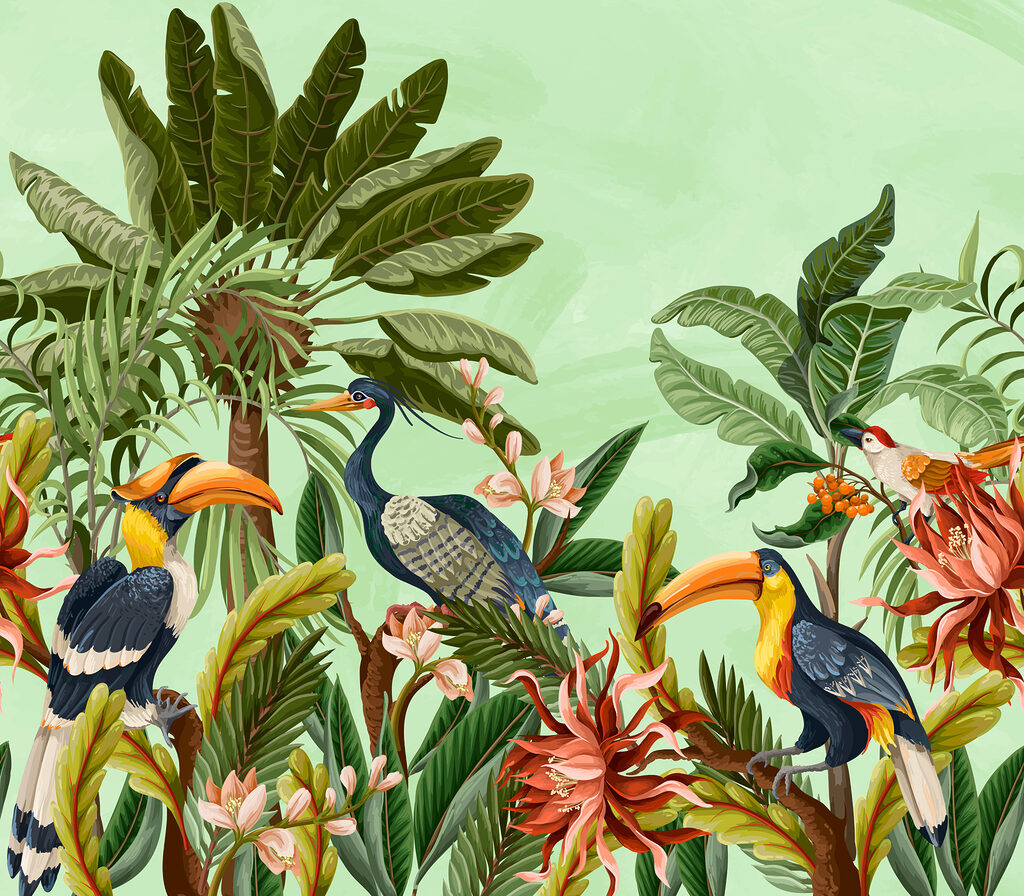 Tucanos entre flores coloridas — design completo