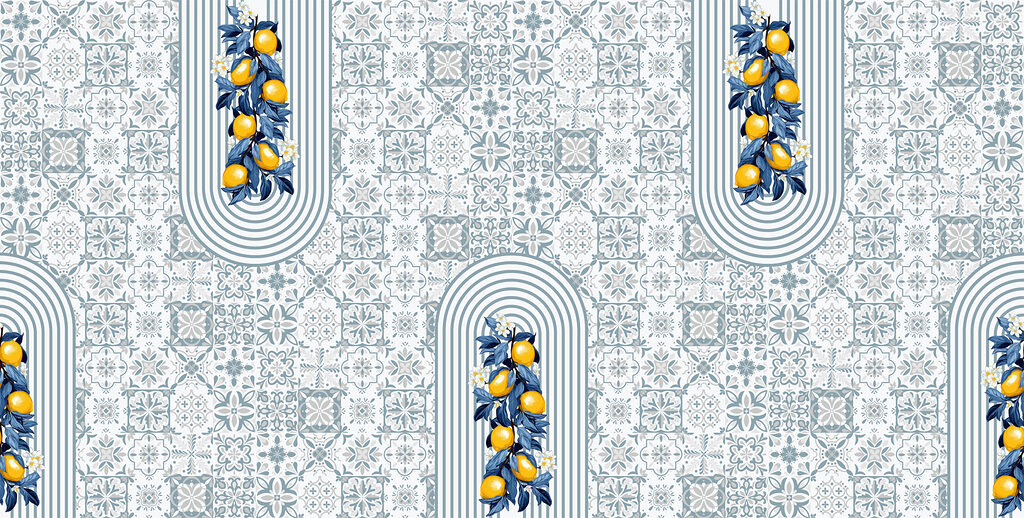 Limões entre motivos azuis — design completo