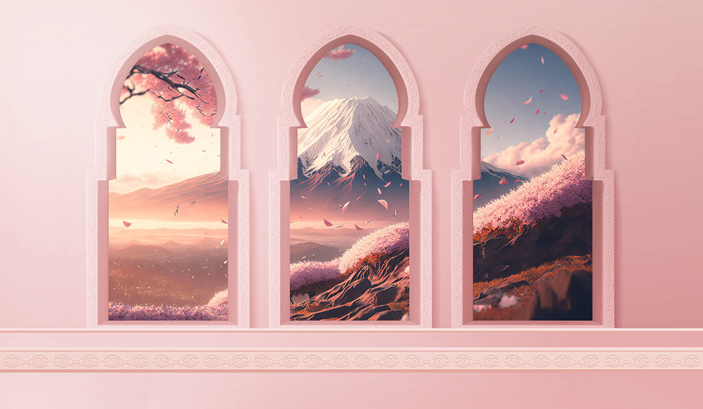 Arcos cor-de-rosa e montanhas — design completo