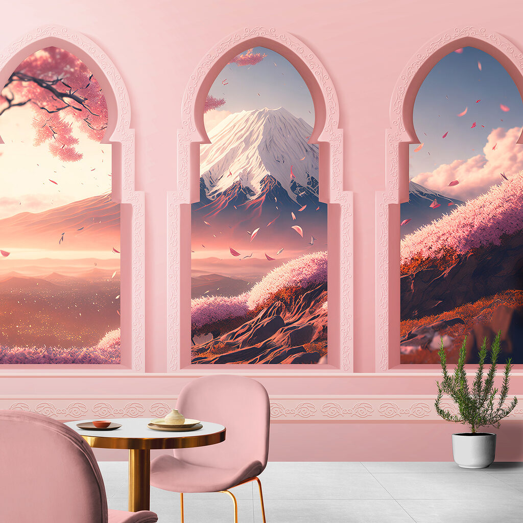 Arcos cor-de-rosa e montanhas — interior 3