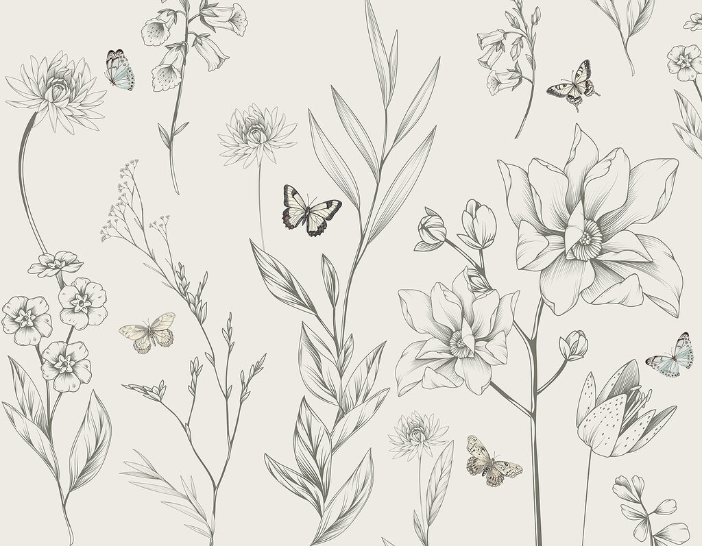 Borboletas entre desenhos florais — design completo