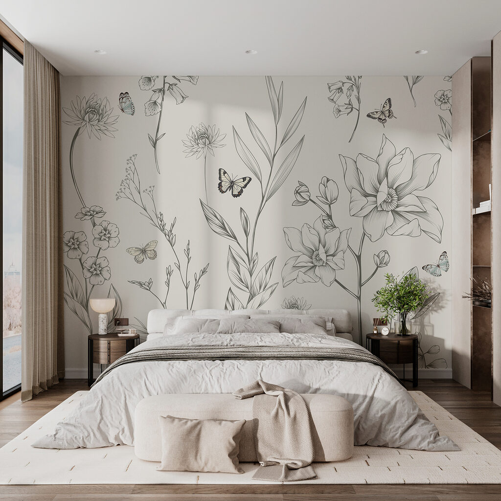 Borboletas entre desenhos florais — interior 1
