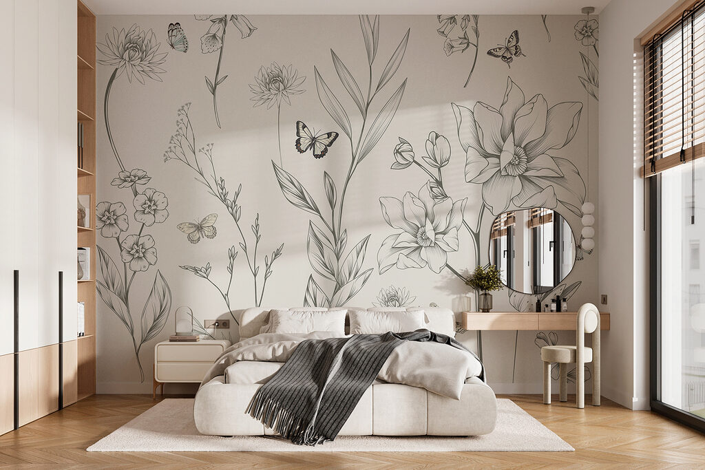 Borboletas entre desenhos florais — interior 2