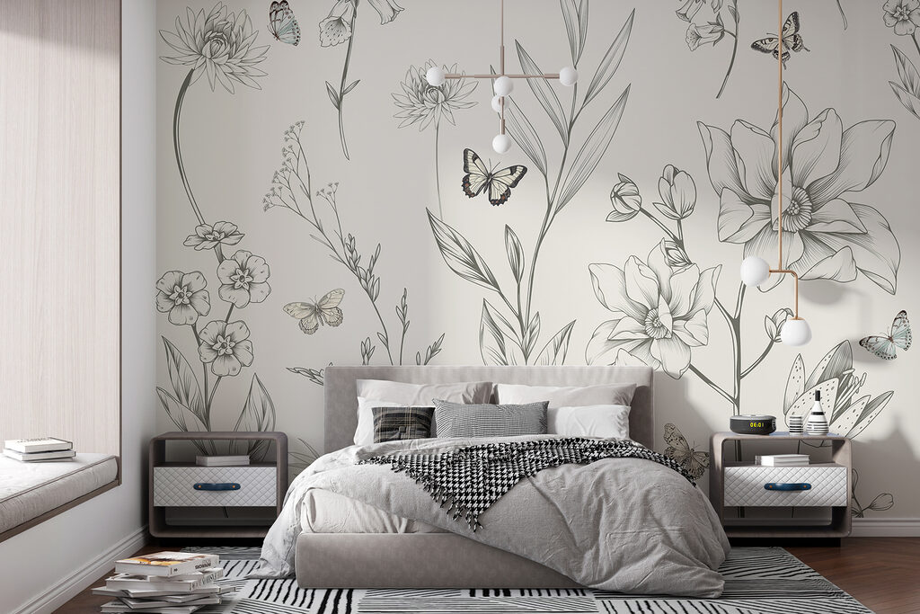 Borboletas entre desenhos florais — interior 3