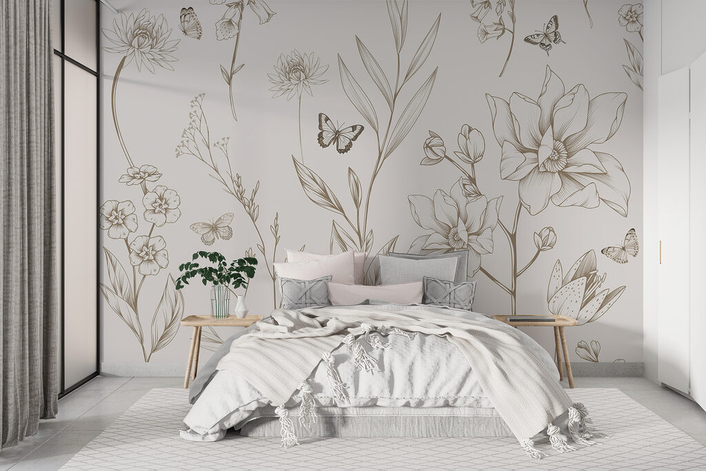 Borboletas entre desenhos florais — interior 1