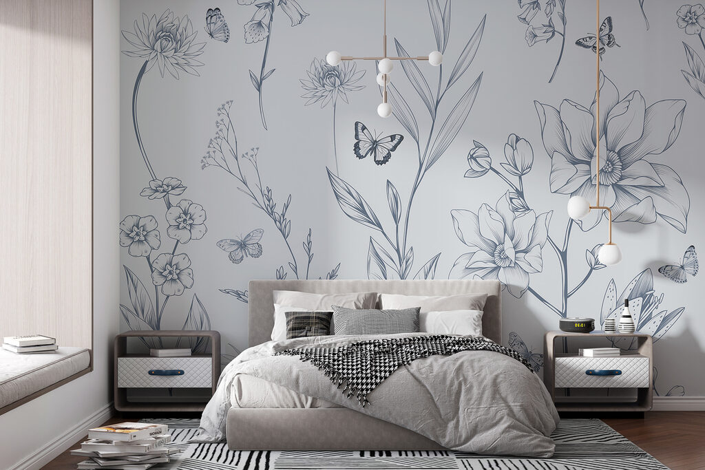 Borboletas entre desenhos florais — interior 1