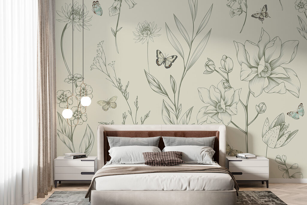 Borboletas entre desenhos florais — interior 1