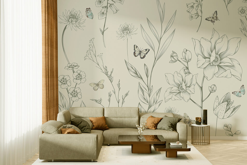 Borboletas entre desenhos florais — interior 3