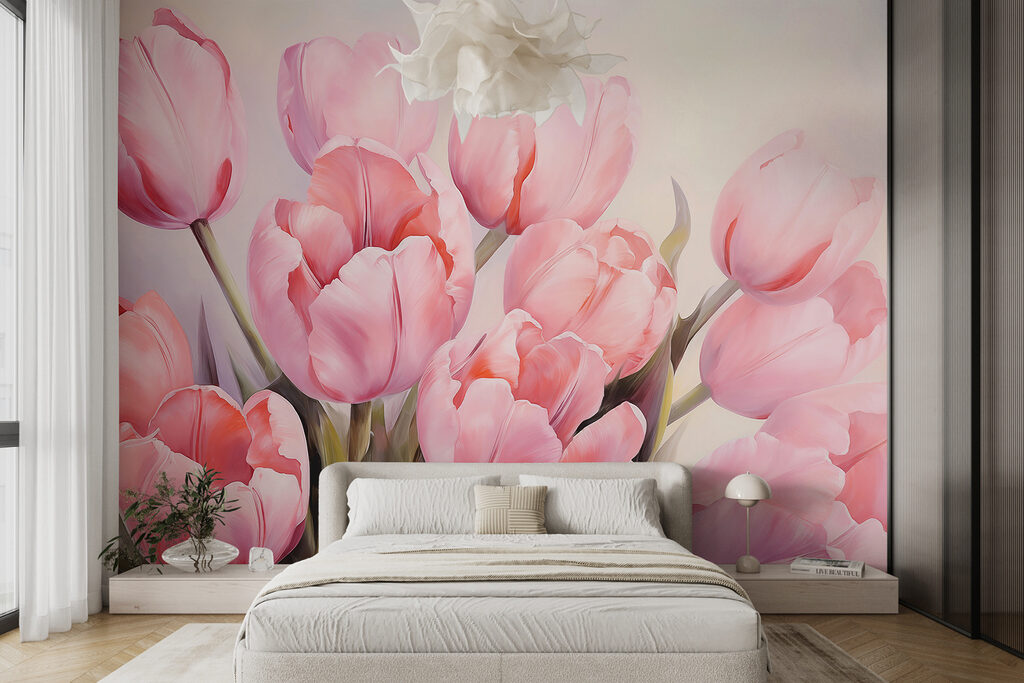 Tulipas cor-de-rosa juntas num interior