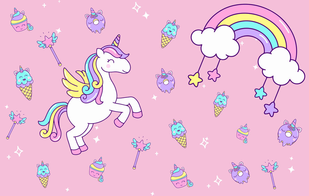 Unicórnio entre doces cor-de-rosa — design completo