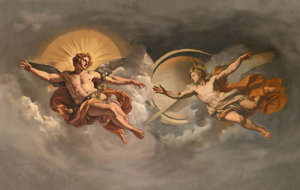 Figuras aladas entre nuvens — design completo