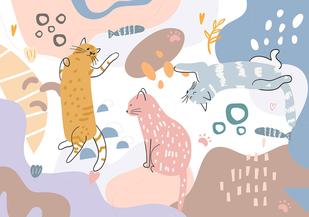 Gatos brincalhões entre cores — design completo
