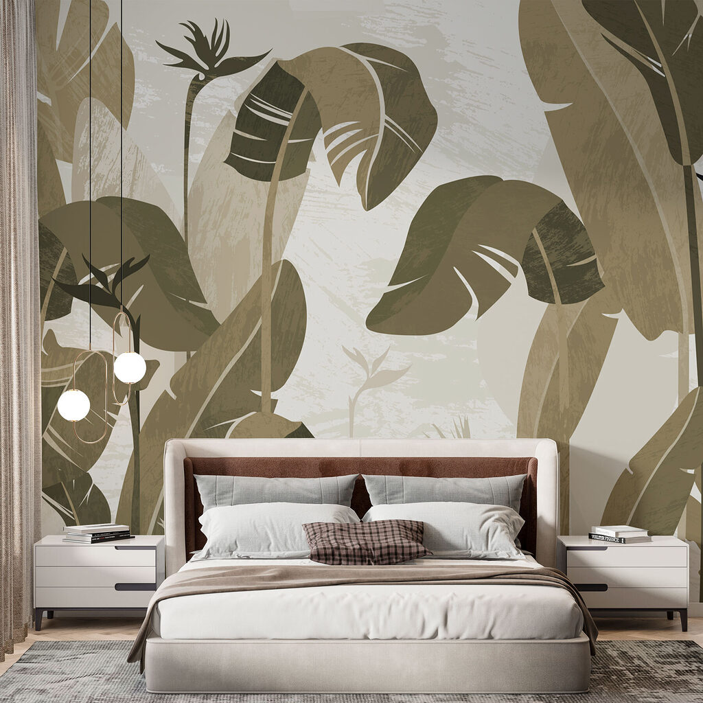 Folhas verticais em verde-oliva num interior