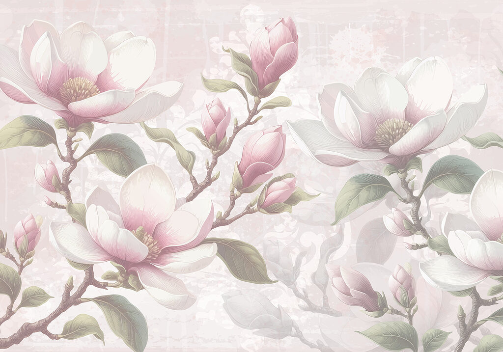 Magnólia cor-de-rosa em cinzentos — design completo